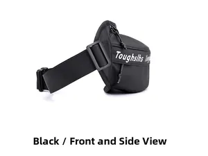 Detail of waterproof black nylon waist bag with Toughslhs logo and adjustable strap