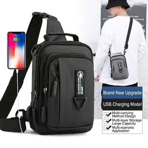 Waterproof black men's chest bag with USB charging port and multi-layer storage capacity
