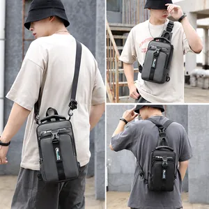 Waterproof nylon crossbody chest bag for men with USB charging port and multiple pockets