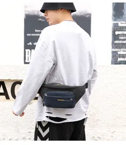 Detail of waterproof nylon waist bag in navy blue with front zipper pocket and logo