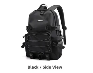 Side view of multi-functional black backpack with tactical cord details and side mesh pocket