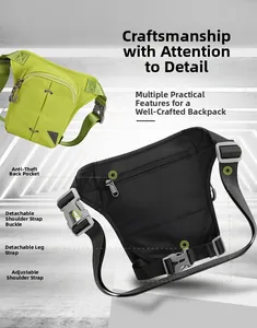 Detail view of anti-theft back pocket and adjustable buckles on the outdoor leg bag