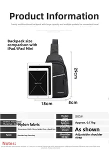Detailed dimension guide for black nylon sling bag showing size 18x29x8cm and light weight