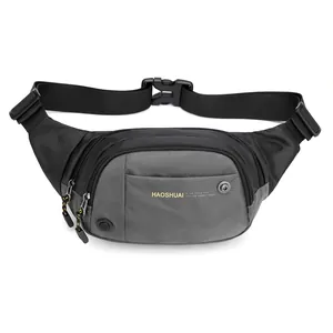Waterproof nylon sports waist bag in grey and black with adjustable strap for hiking