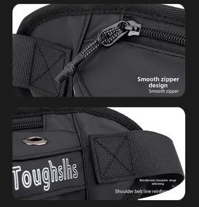 Detail of smooth metal zipper and reinforced cross-stitching on black nylon waist bag