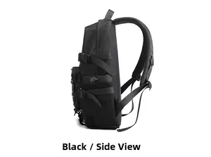 Side detail of black backpack showing breathable mesh pocket and adjustable side straps