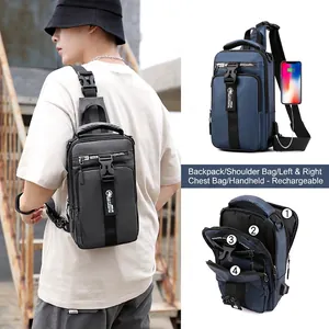 Versatile men's chest bag with USB charging port and multi-way carrying straps