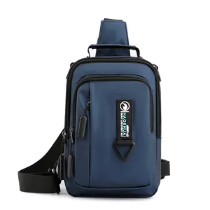 Waterproof dark blue crossbody chest bag for men with multi-zipper compartments