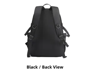 Detail view of the black backpack back with breathable mesh straps and D-ring hooks