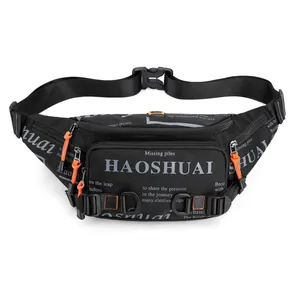 Waterdichte zwarte nylon heuptas voor heren met tactische riemen en oranje details