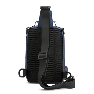 Navy blue men's tactical crossbody bag with breathable mesh back and adjustable strap
