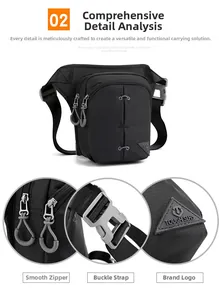 Detailed views of the smooth zippers, quick-release buckles, and logo on the black leg bag
