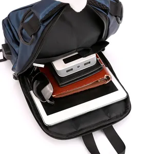 Navy blue nylon men sling bag with USB charging port and multi-layer storage