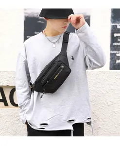 Front detail of black nylon crossbody bag with zipper layers and adjustable strap