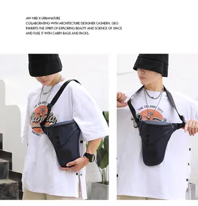 Deep blue multi-functional crossbody chest bag with asymmetrical geometric design for men