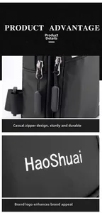 Detail of durable matte black zipper puller and white logo on black crossbody bag