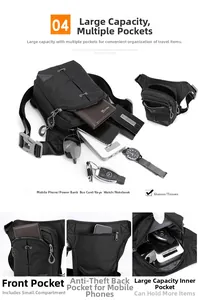 Tactical black nylon leg bag showing multiple compartments for phone and EDC gear storage
