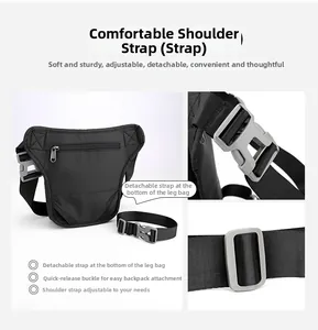 Detail of adjustable and detachable straps on a durable black nylon tactical leg bag