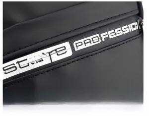 Detail of black faux leather texture with stayE PROFESSIONAL silver printed strap