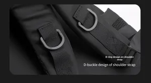 Detail of durable nylon shoulder straps with dual black D-buckles for backpack storage