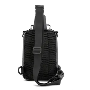 Rear view of grey multifunctional crossbody chest bag with breathable mesh back and adjustable strap