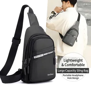 Waterproof nylon men's sling bag with earphone port and multiple compartments