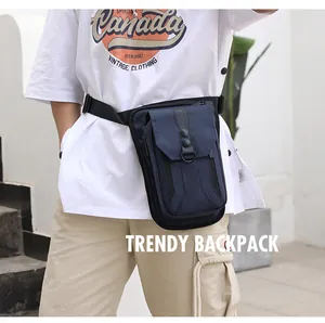 Detail of waterproof navy tactical leg bag with durable webbing and metal ring detail