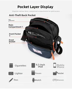 Vue détaillée du sac bandoulière en nylon pour hommes avec plusieurs poches fonctionnelles