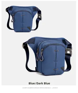 Detail view of dark blue tactical drop leg bag with durable nylon and adjustable straps