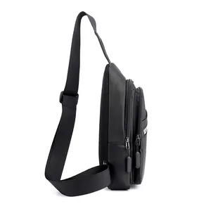 Waterproof black nylon chest bag for men featuring breathable mesh back and multi-layers