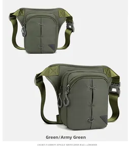 Detail view of military green tactical leg bag with durable nylon and adjustable straps