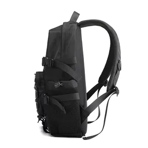 Side view of black outdoor backpack with mesh pockets and adjustable straps for travel
