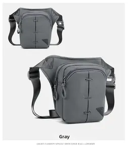 Detailed front and side view of a gray multi-functional outdoor leg bag with nylon texture