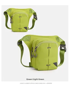 Close-up of light green tactical leg bag featuring durable ripstop nylon and buckle straps