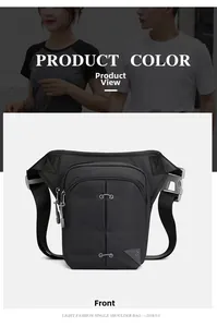 Front view of black tactical outdoor leg bag showing multiple zippers and water-resistant nylon