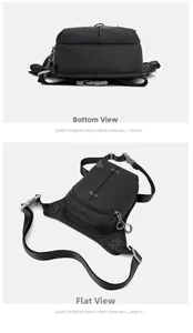 Detail view of durable black nylon crossbody bag showing bottom and flat lay structure