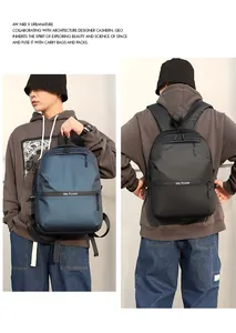 Front and back views of water-resistant business backpack in navy and black colors