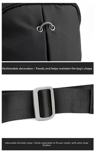 Macro detail of nylon leg bag showing adjustable shoulder strap with matte gray metal buckle