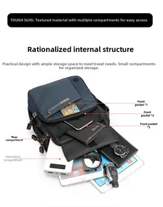 Vue détaillée de l'intérieur du sac bandoulière en nylon bleu avec ses compartiments