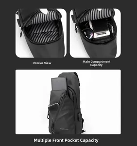 Vue interne du sac bandoulière noir avec doublure rayée et compartiments multiples