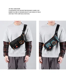 Detail of waterproof crossbody bag with multiple pockets and orange paracord zipper pulls