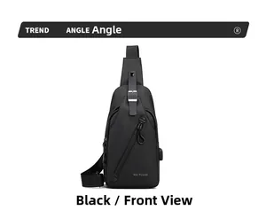 Vue avant du sac bandoulière étanche noir avec port USB et boucle métallique réglable