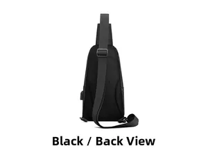 Vue arrière du sac de poitrine extérieur noir avec dos en mesh et port de charge USB
