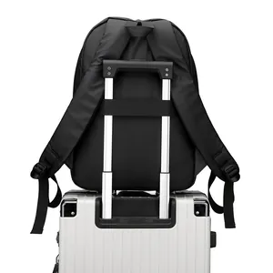Black business laptop backpack for men with luggage strap on silver suitcase handle