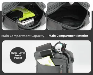 Détails intérieurs du sac gris avec rangement multi-poches pour objets du quotidien