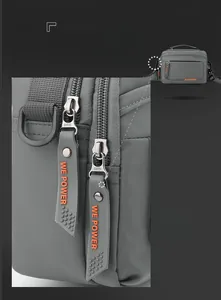 Détail de la double fermeture éclair en métal SBS lisse sur un sac à bandoulière gris