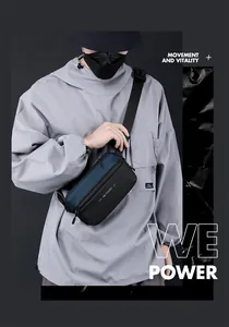 Detail of adjustable nylon strap and heavy-duty plastic buckle on a waterproof chest bag