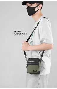 Detail showing military green nylon crossbody bag with black hardware and buckle