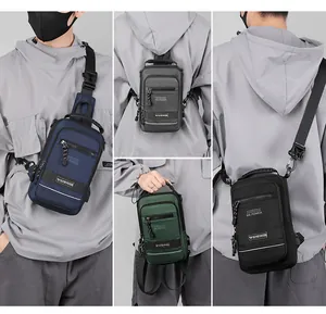 Detail showing various colors and multi-way carrying styles of the men's tactical chest bag