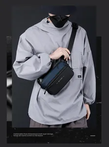 Detailed view of water-resistant nylon crossbody bag with adjustable wide shoulder strap